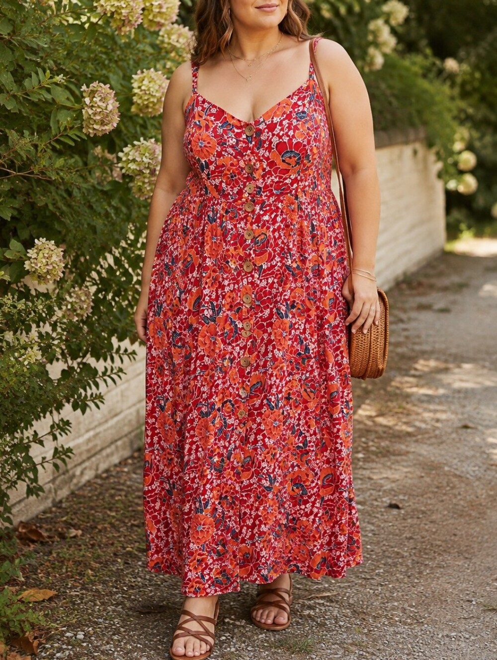 Angie Coral Red Floral Button Front Boho Maxi Dress Navy Orange Cottagecore